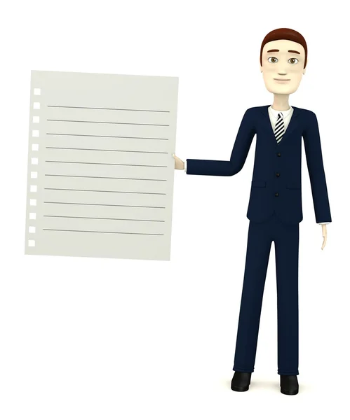 3d render of cartoon character with paper — Stock Photo, Image