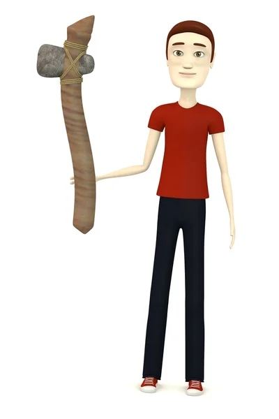 3D-Darstellung von Cartoon-Charakter mit prähistorischem Werkzeug — Stockfoto