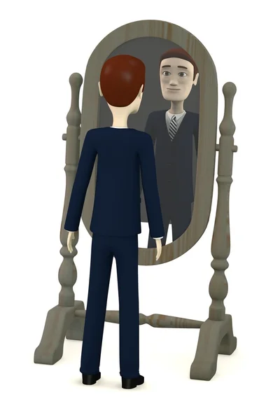 3D визуализация персонажа мультфильма с зеркалом — стоковое фото
