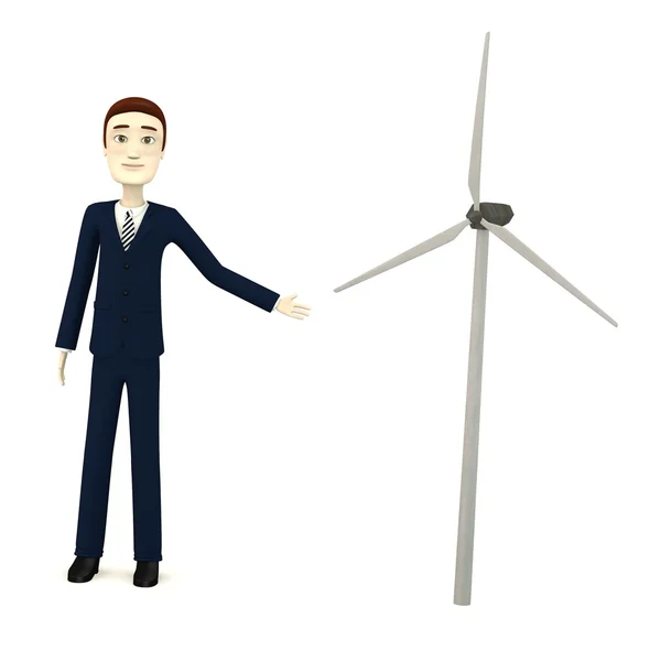 Renderização 3d de personagem de desenho animado com turbina eólica — Fotografia de Stock