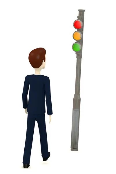 Renderização 3d de personagem de desenho animado com semáforo — Fotografia de Stock