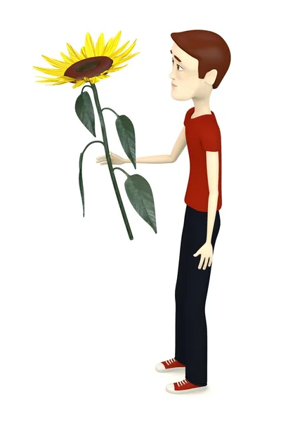 3d render of cartoon character with sunflower — Stock Photo, Image