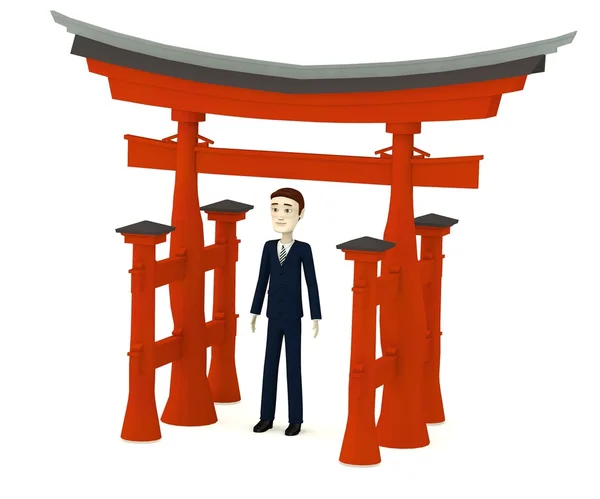 3D візуалізація мультиплікаційного персонажа з воротами торія — стокове фото