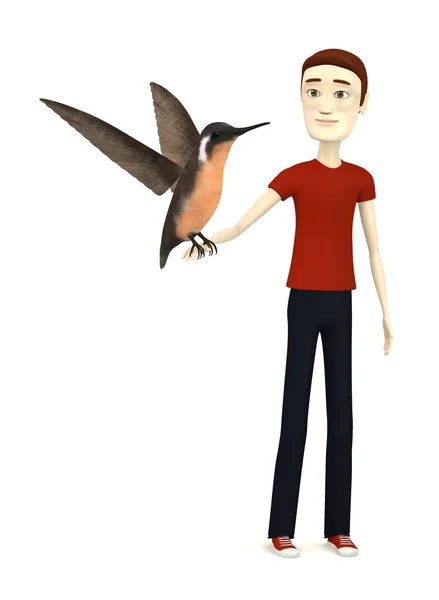 3d render of cartoon character with colibri bird — Stockfoto