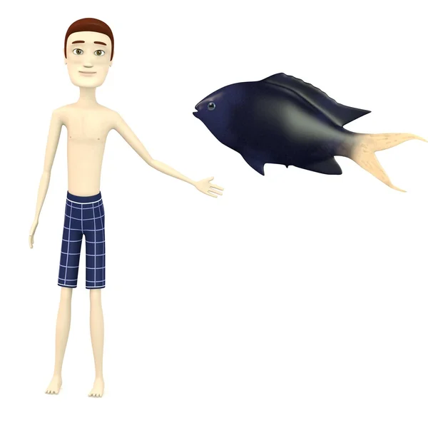 3D καθιστούν charcter κινουμένων σχεδίων με ψάρι — Φωτογραφία Αρχείου