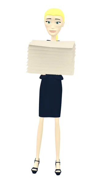 3d render of cartoon character with pile of papers — Stock Photo, Image