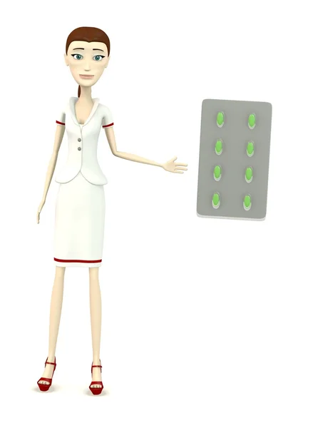 3D визуализация персонажа мультфильма с таблетками — стоковое фото
