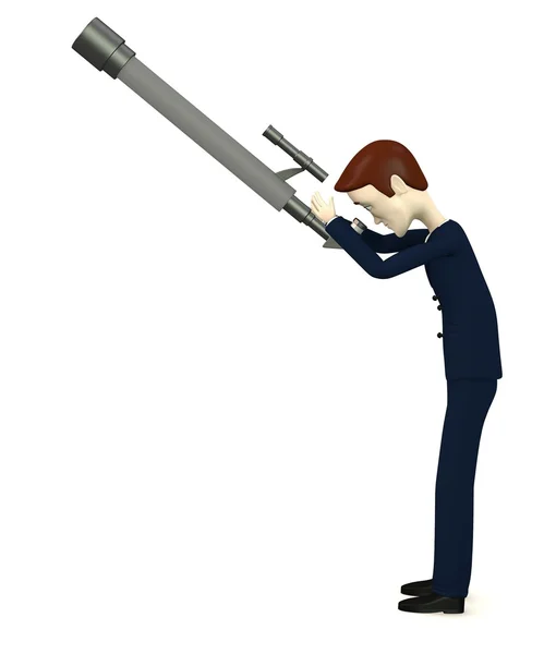 Renderização 3d de personagem de desenho animado com telescópio — Fotografia de Stock