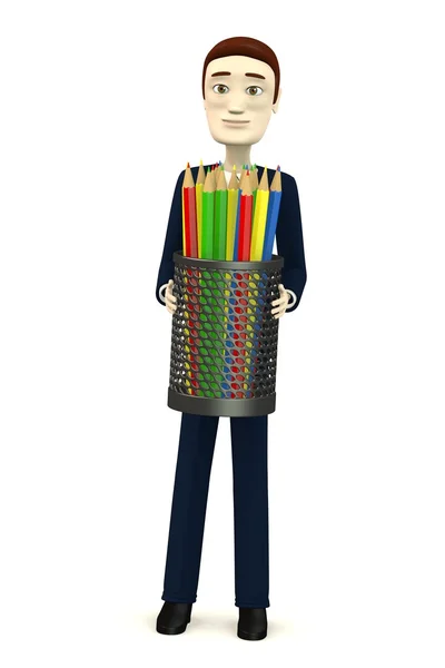 3D визуализация персонажа мультфильма с чашкой карандашей — стоковое фото