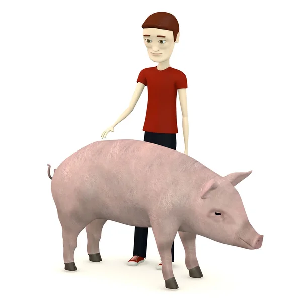 3d render of cartoon character with pig as a pet — Stock Photo, Image