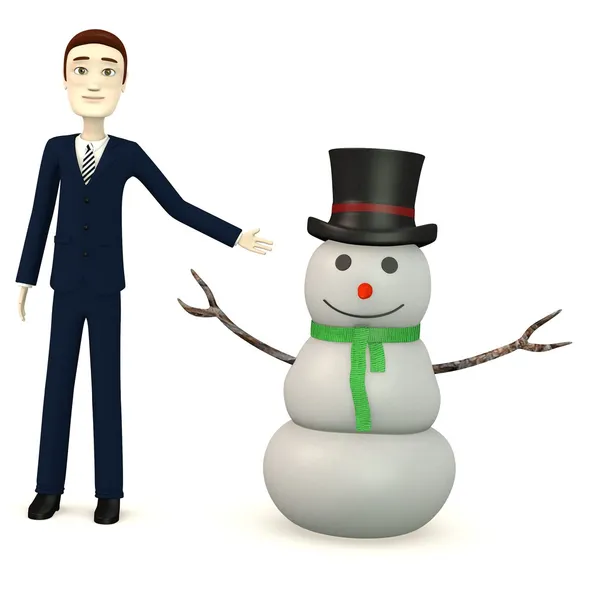 3d render of cartoon character with snowman — Stock Photo, Image