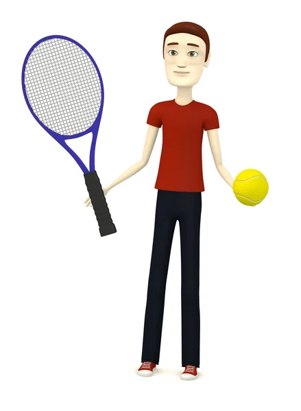 3D визуализация персонажа мультфильма с теннисным мячом и ракеткой — стоковое фото