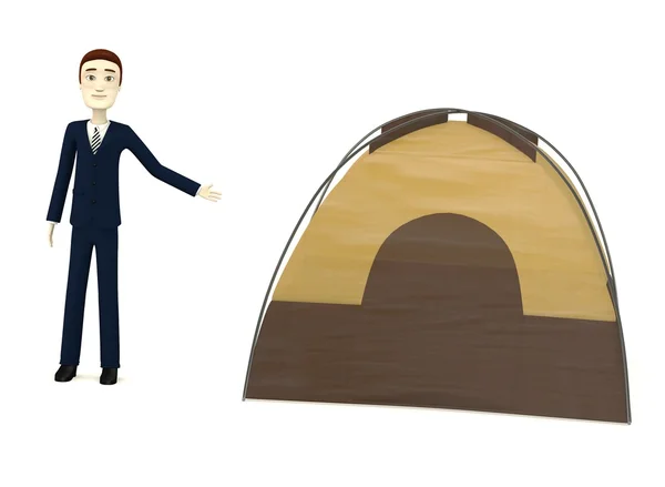 3D визуализация персонажа мультфильма с палаткой — стоковое фото