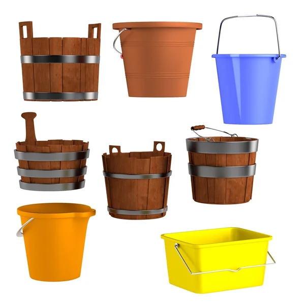 Realistic 3d render of buckets — Stock Photo, Image