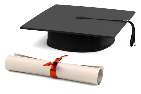 Realistic 3d render of graduation cap and diploma — Stock Photo, Image
