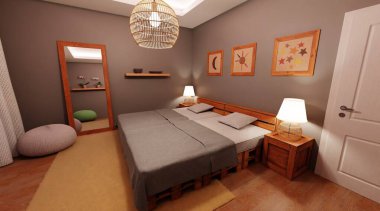 Yatak Odası İçinin Gerçekçi 3 Boyutlu Çizimi