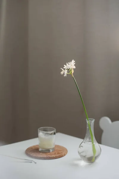 春天还活着，花瓶里有一朵水仙花，桌上有一支蜡烛。春天的气息 — 图库照片