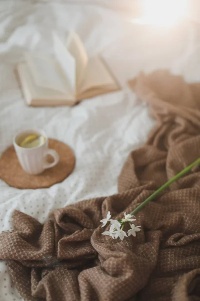 Tazza di tè al limone, narciso e un libro sul letto. Colazione a letto. Buongiorno. Primavera. Foto Stock Royalty Free