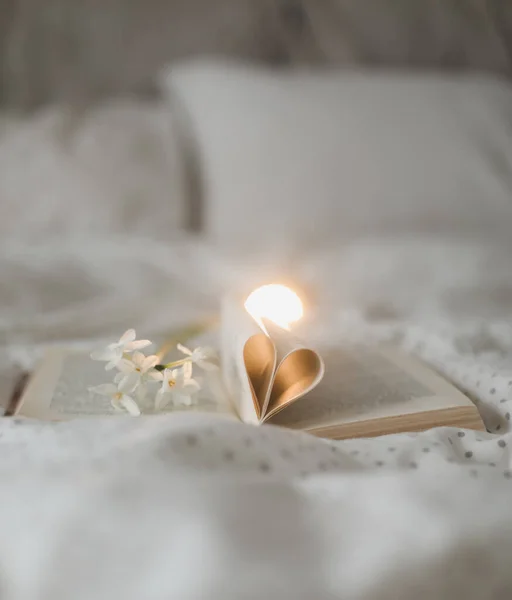 Libro con páginas plegadas en forma de corazón. San Valentín fondo festivo con bokeh. — Foto de Stock