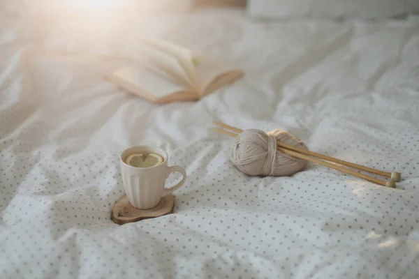 暖かい柔らかいベッドで本、ティーカップ、編み針で居心地の良い冬の背景。甘い家. — ストック写真
