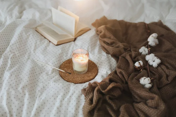 Accoglienti dettagli interni di nature morte con un libro, una candela e un ramoscello di cotone in caldo letto morbido. Dolce casa Foto Stock Royalty Free