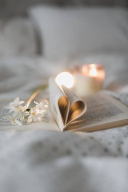 Sayfaları kalp şeklinde katlanmış bir kitap. Sevgililer Günü arkaplanı 