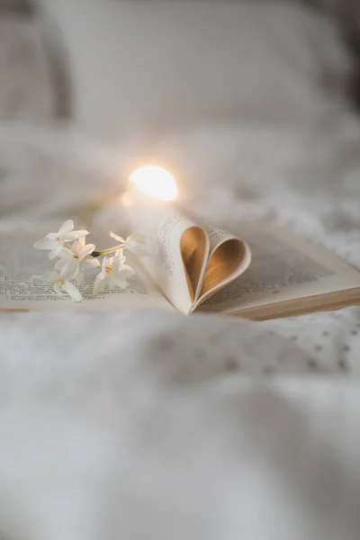 Book with pages folded into a heart shape. valentines festive background — Stock Photo, Image