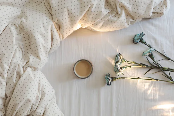 Доброе Утро Плоская Композиция Чашкой Кофе Голубыми Цветами Теплым Одеялом — стоковое фото