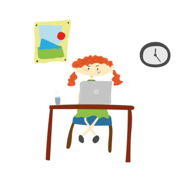 Evde dizüstü bilgisayar kullanan kızıl saçlı bir kız.