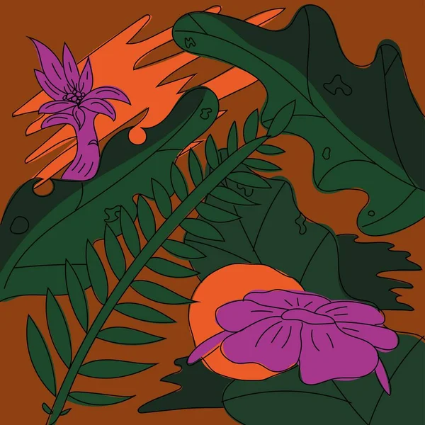 Turuncu arka planda pembe çiçekli yeşil yapraklar.