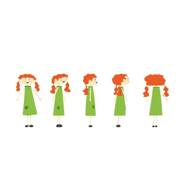 Σύνολο Των Κοριτσιών Κόκκινα Μαλλιά Από Διαφορετικές Πλευρές Χαρακτήρα Για — Διανυσματικό Αρχείο