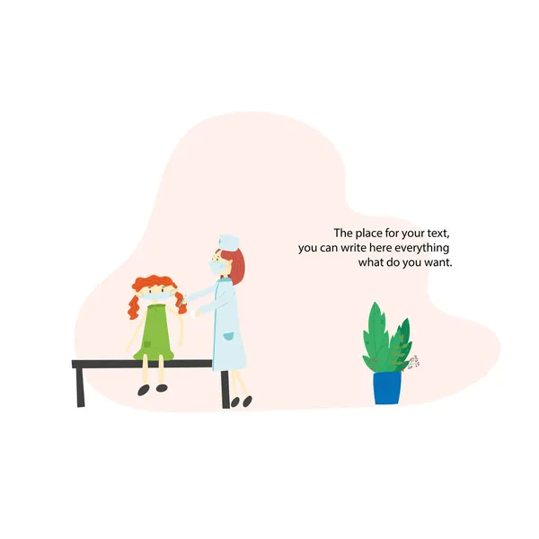 Vektör karakter, kızıl saçlı kız covid aşısı için doktora geldi.