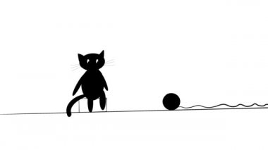 Siyah bir kedinin yuvarlanan iplik yumağını izlediği animasyon