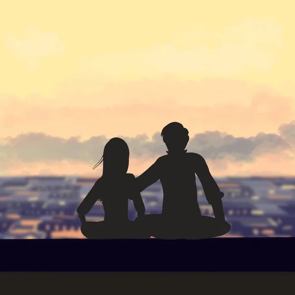 Couple Love Sits Backdrop Whole City Admires Beautiful Sunset — Stock Photo, Image