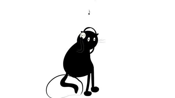 One Black Cat Listening Music — Stock Video
