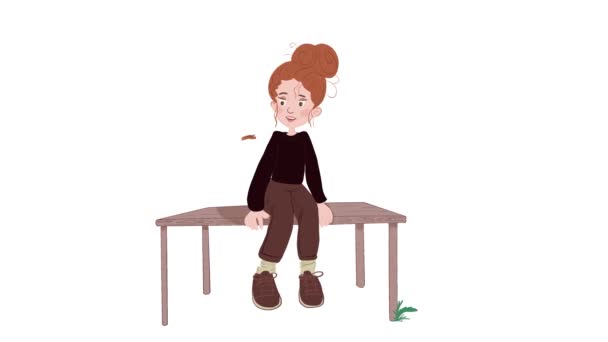 Animation Une Fille Rousse Assoit Sur Banc Sourit Papillon Volant — Video