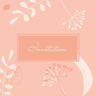Çiçekli ve çerçeveli pembe renkli davetiye. Vektör illüstrasyonu