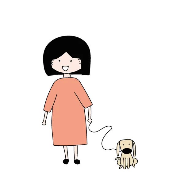 Μια Γυναίκα Πορτοκαλί Φόρεμα Και Ένα Σκύλο Εικονογράφηση Διανύσματος — Διανυσματικό Αρχείο