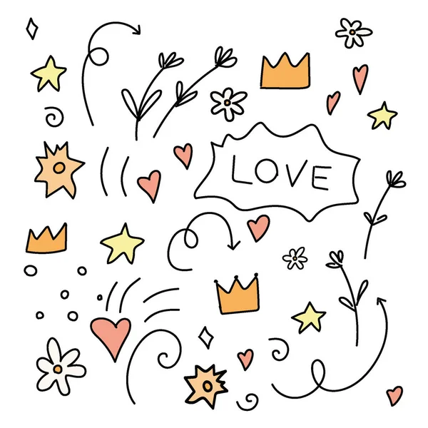 Doodle Lycka Glädje Hjärtan Sol Skönhet Kärlek Vektorillustration — Stock vektor