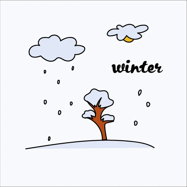 Cute Postcard Winter Snow Clouds Sun Peeking Out Vector Illustration — Stock Vector