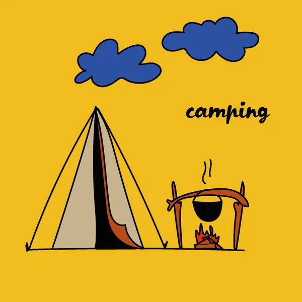 Leuke Ansichtkaart Camping Met Tent Kampvuur Pot Vectorillustratie — Stockvector