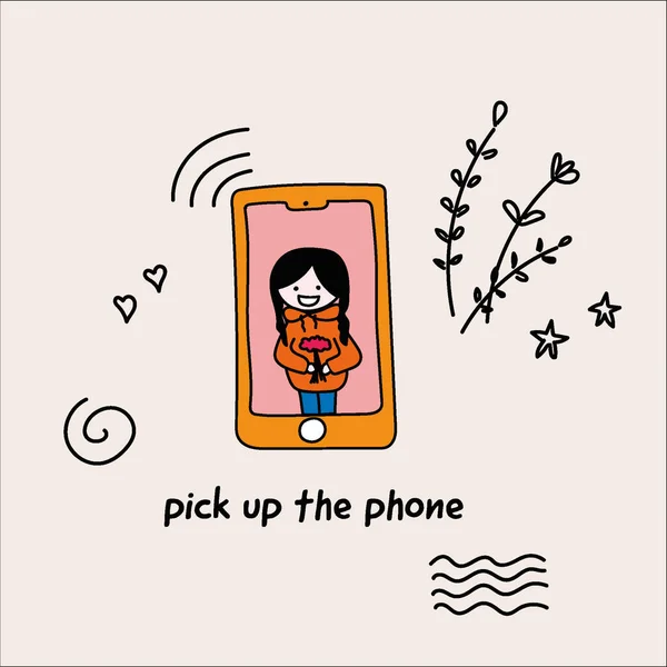 Cute Zabawna Karta Podnieść Telefon Ilustracja Wektora — Wektor stockowy