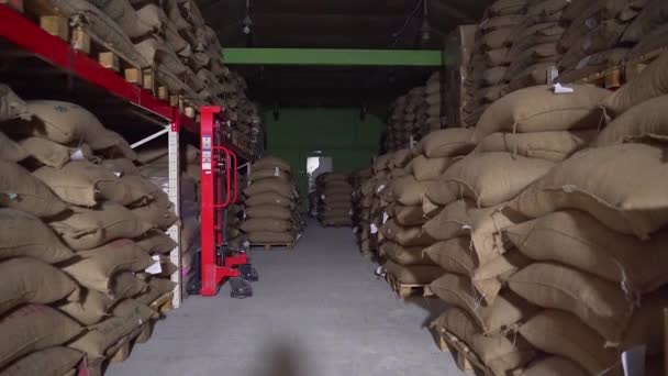 Αποθήκη Καφέ Πολλές Σακούλες Καφέ Υψηλής Ποιότητας Πλάνα — Αρχείο Βίντεο