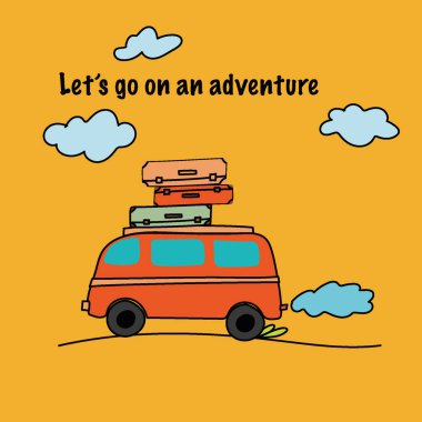 Sulu bir resim, turuncu arka planda bavullarla otobüs yolculuğu, bir maceraya atılmak. Vektör illüstrasyonu
