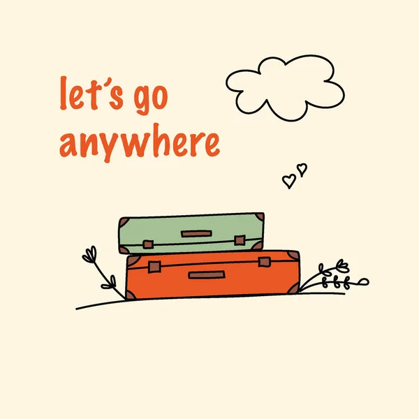Lets Somewhere Cute Card Suitcases Cloud Vector Illustration — Stock Vector