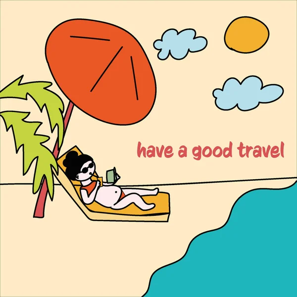 Deniz kenarında bir kız mayo giymiş, kitap okuyor ve kokteyl içiyor. Vektör