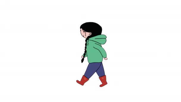 Seorang Gadis Dengan Sweater Hijau Dan Sepatu Bot Merah Berjalan — Stok Video