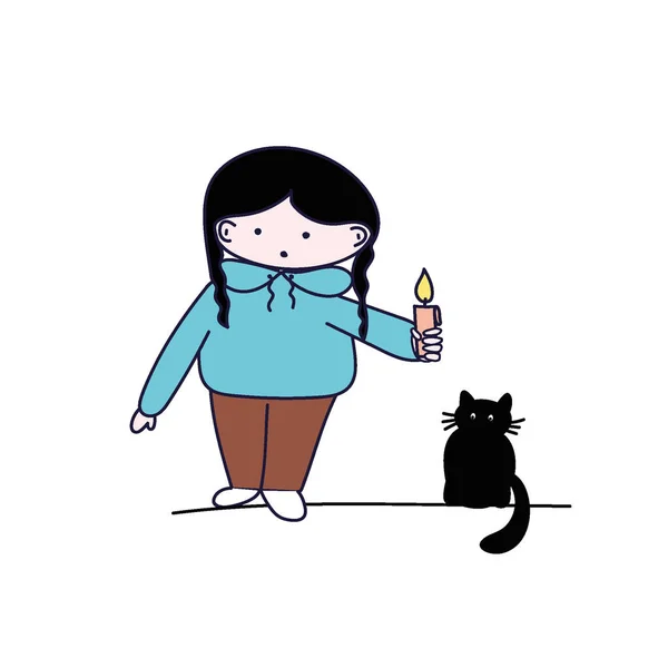 一个拿着蜡烛和猫的女孩 矢量说明 — 图库矢量图片