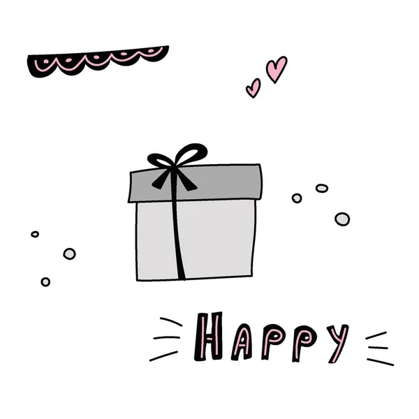 Милая Открытка Подарочной Коробкой Сердцем Словом Счастливый Векторная Иллюстрация — стоковый вектор