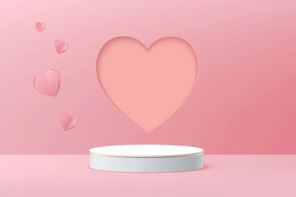 ピンクのハートペッパーカット形状の背景と現実的な白い表彰台3Dシリンダー台座 製品ショーケース プロモーションディスプレイのためのバレンタイン最小限のシーン ベクトル抽象スタジオルームプラットフォームデザイン — ストックベクタ
